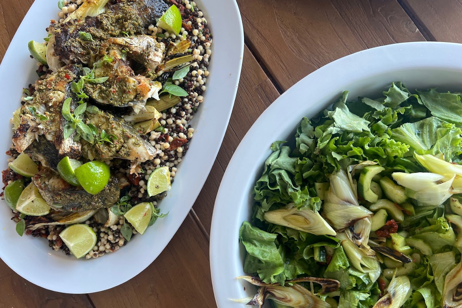 Fresh fish and green salad platters